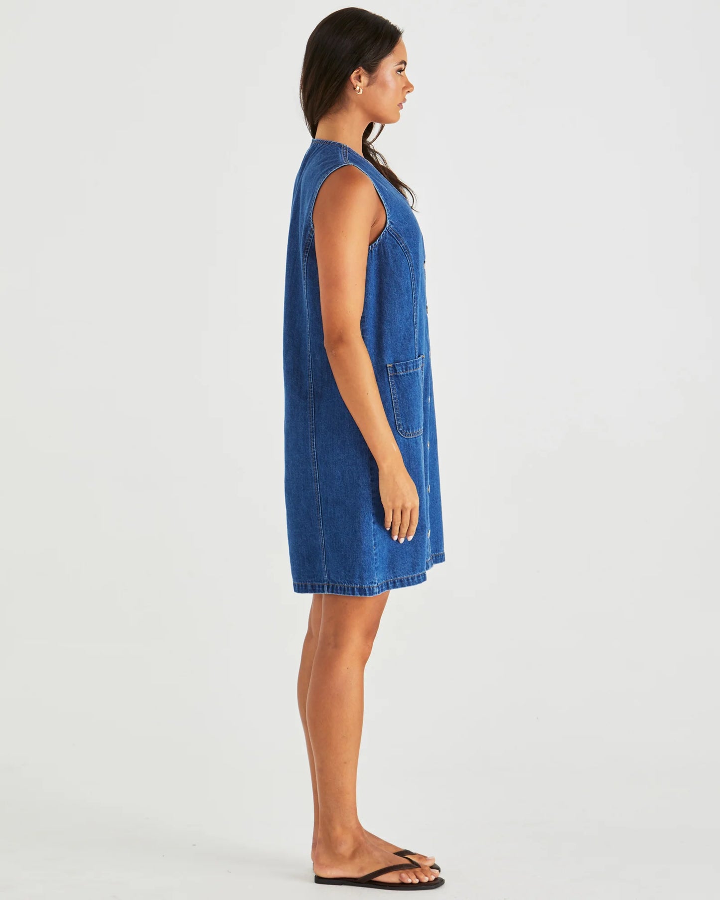 SABINE DENIM VEST DRESS - MID BLUE WASH