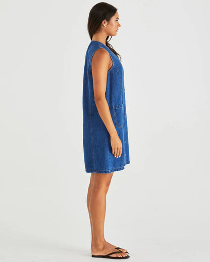 SABINE DENIM VEST DRESS - MID BLUE WASH